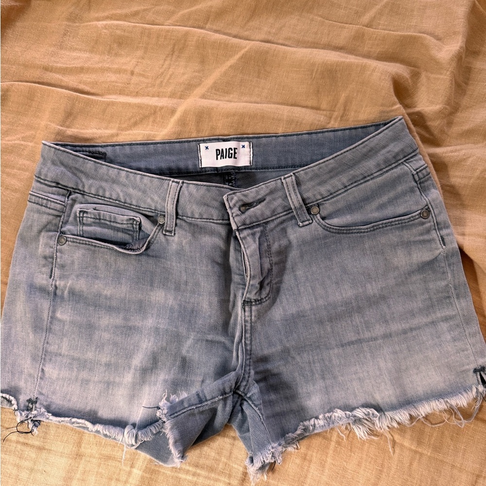 PAIGE Blue Jean Shorts Distressed Frayed Hem